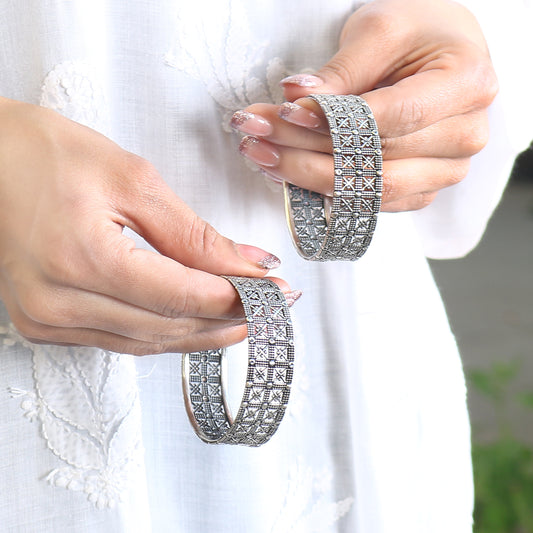 Antique Oxidized Silver Lattice Cross Motif Bangles Set