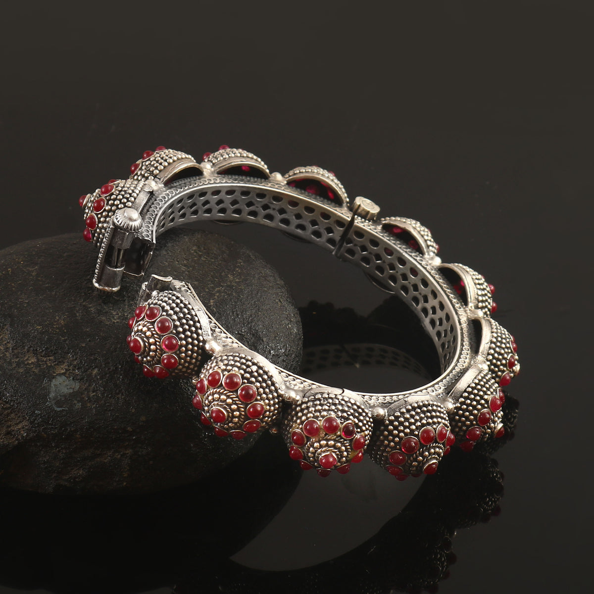 Antique Silver Statement Kada with Ruby-Tone Detailing