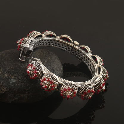 Antique Silver Statement Kada with Ruby-Tone Detailing