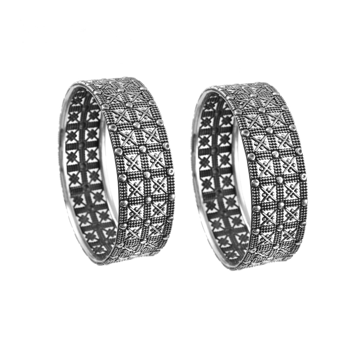 Antique Oxidized Silver Lattice Cross Motif Bangles Set