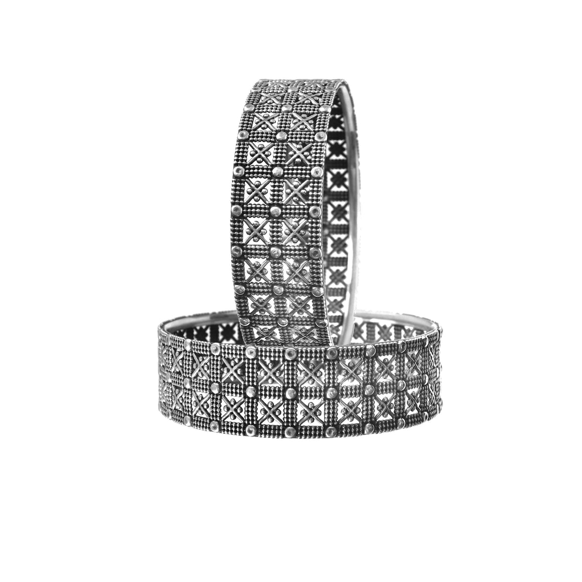 Antique Oxidized Silver Lattice Cross Motif Bangles Set